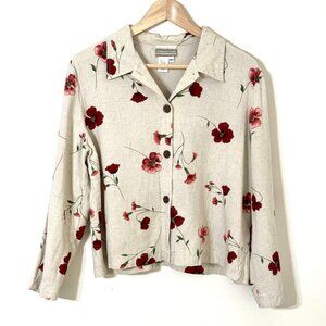 Coldwater Creek Linen Blend Cropped Button Down Shirt Light Jacket Red Poppies